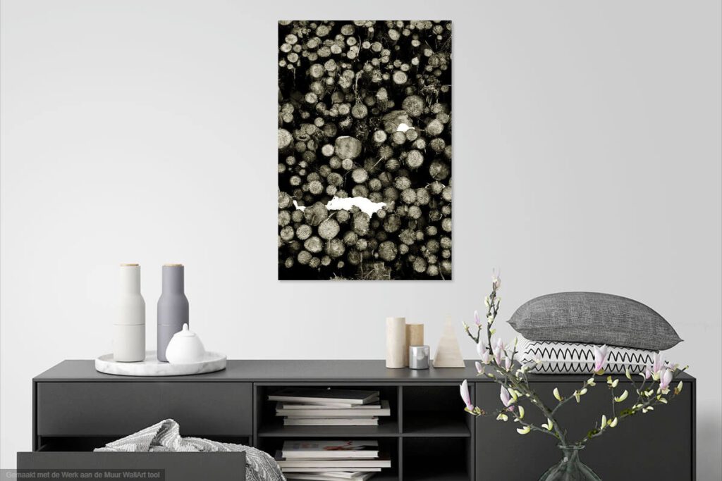 Prints kopen: Werk Aan De Muur van Ginkgo Fotografie - Stapel hout, zwart-wit